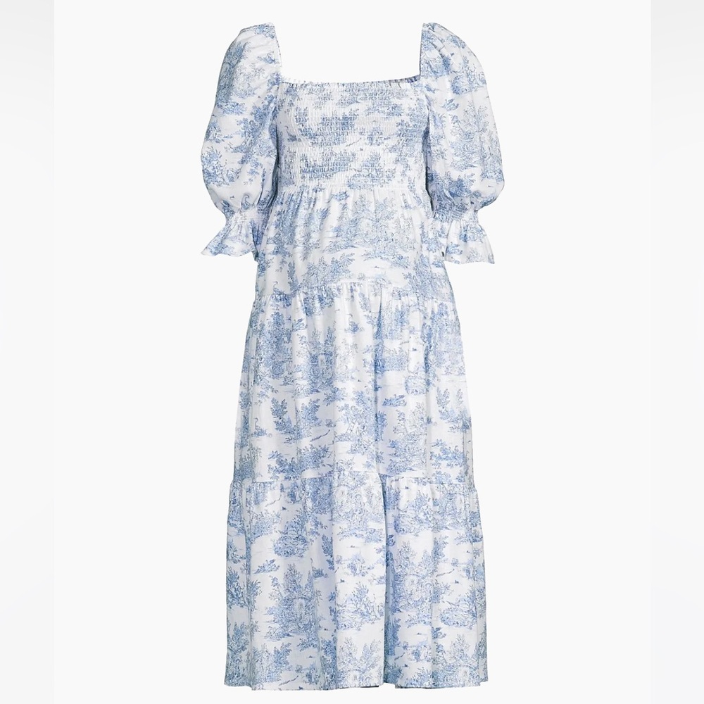 Smocked Square-Neck Midi Dress in Blue Toile